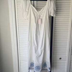 LC Lauren Conrad White Maxi Dress with Blue Embroidery